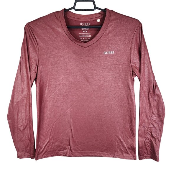 Mens Burgundy Guess Shirt Long Sleeve V-Neck Polyester Size M - Picture 1 of 8